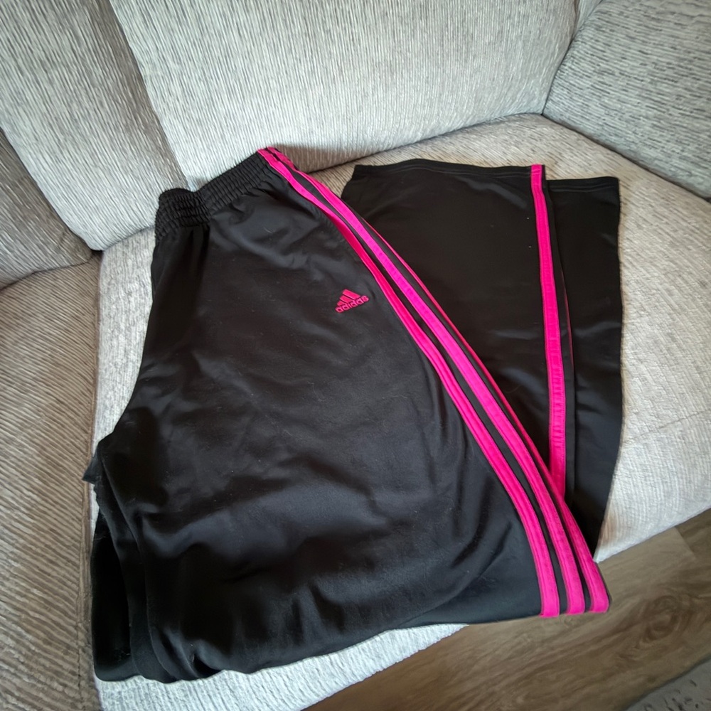 adidas Black Track Pants with Bright Pink Stripe Accents